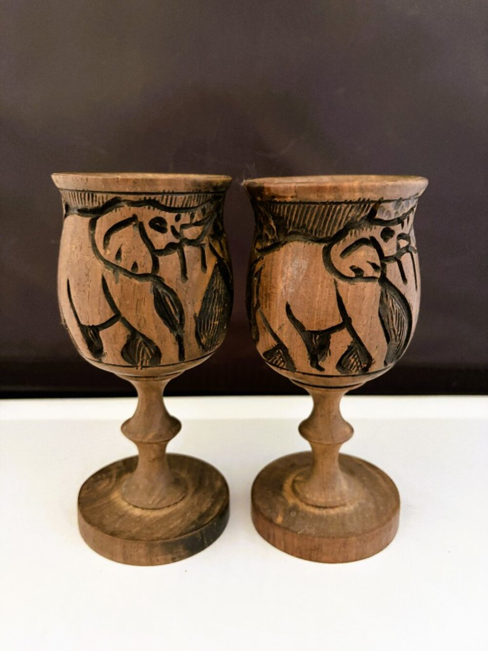 Vintage Goblets Cups (2) African Carved Wood Elephant Giraffe Safari Animals